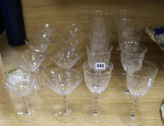 Eighteen etched wine / champagne glasses